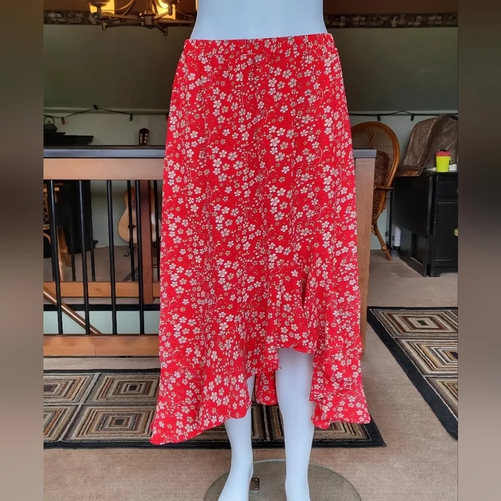 Maxi Studio Boho High Low Red Floral Peasant Skirt M